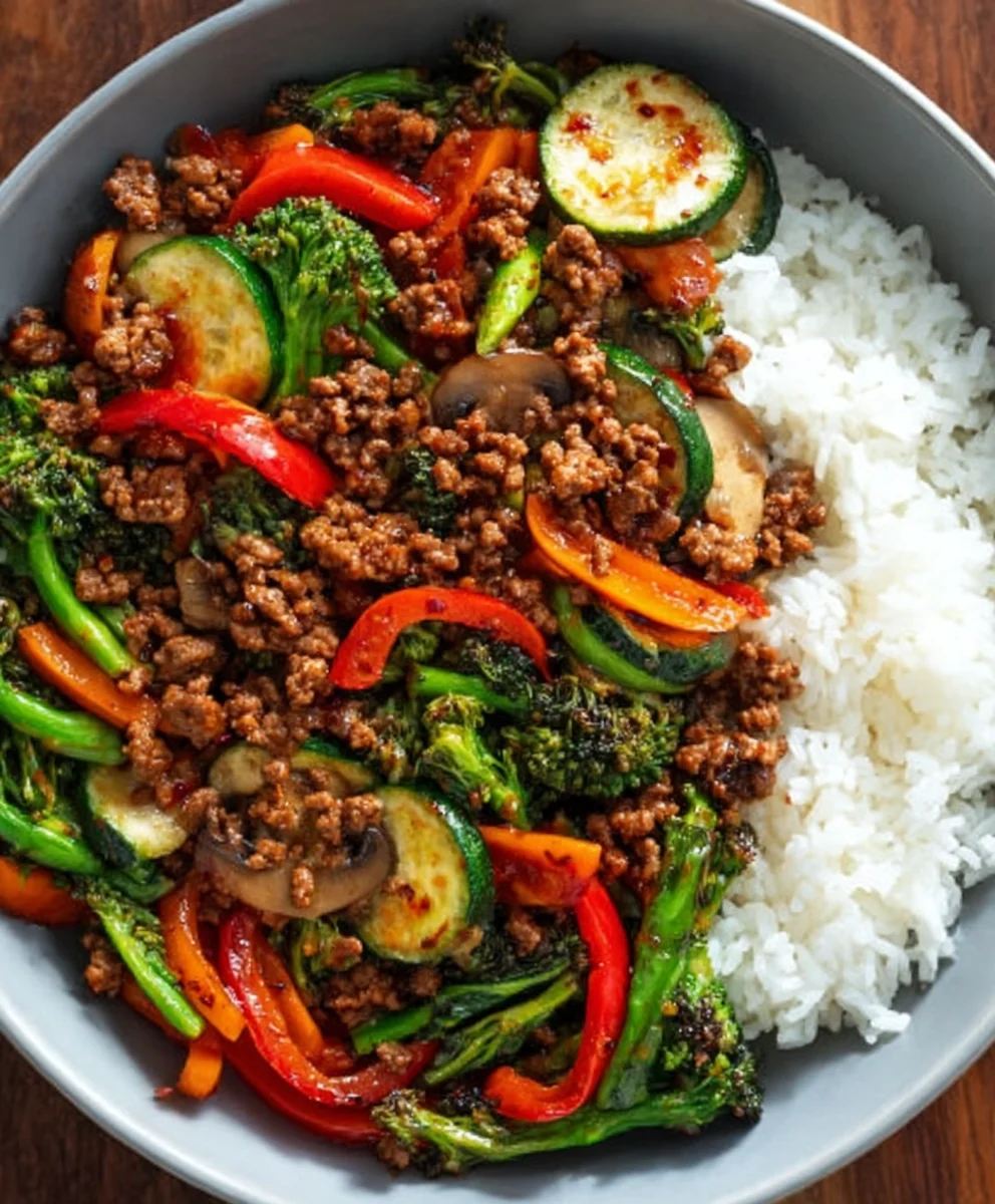 Spicy Beef Stir-Fry with Garlic Veggies Steamy Rice