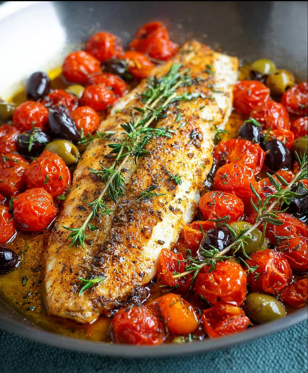 Easy Baked Fish Cherry Tomatoes Olives Recipe