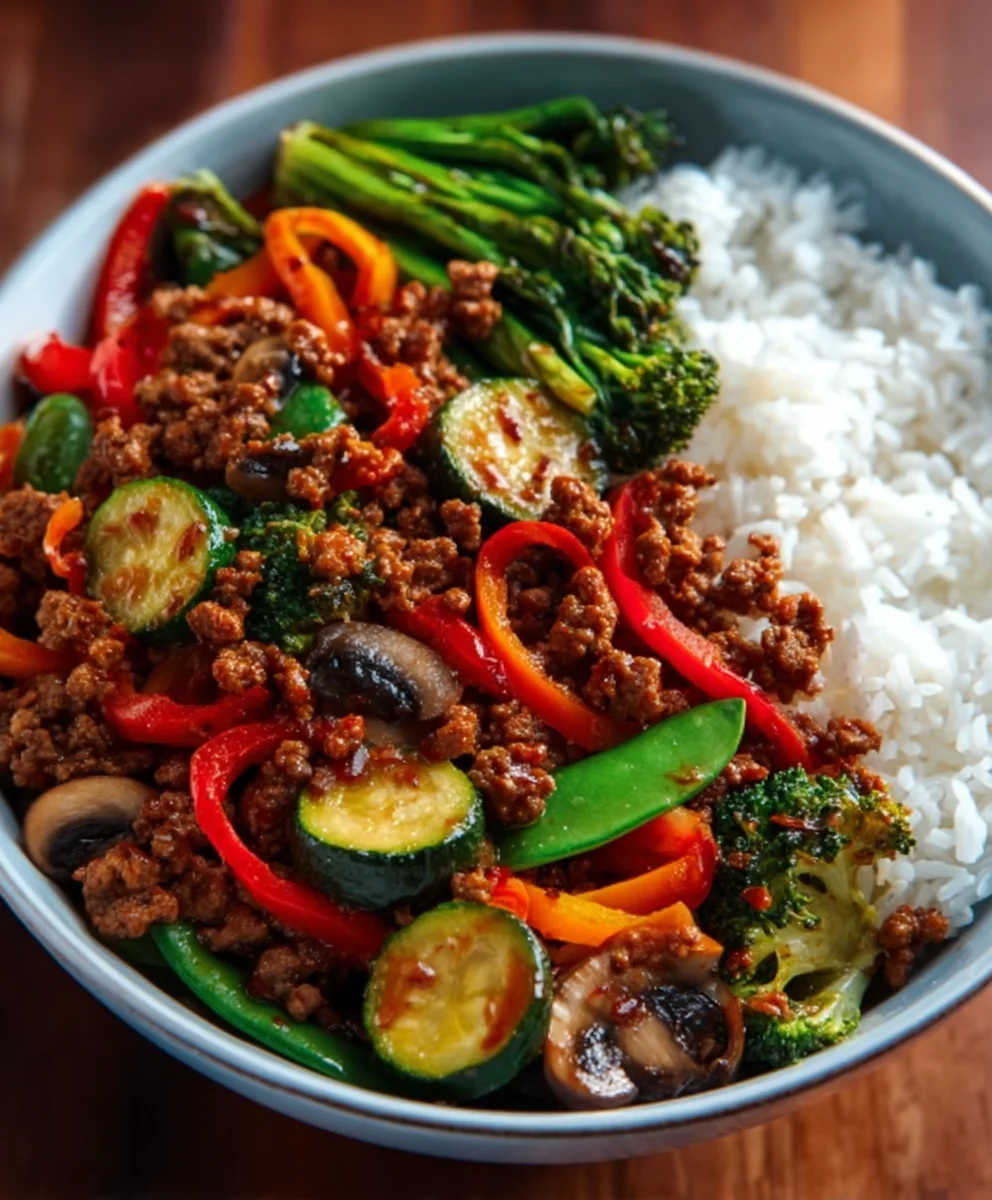 Spicy Beef Stir-Fry with Garlic Veggies Steamy Rice