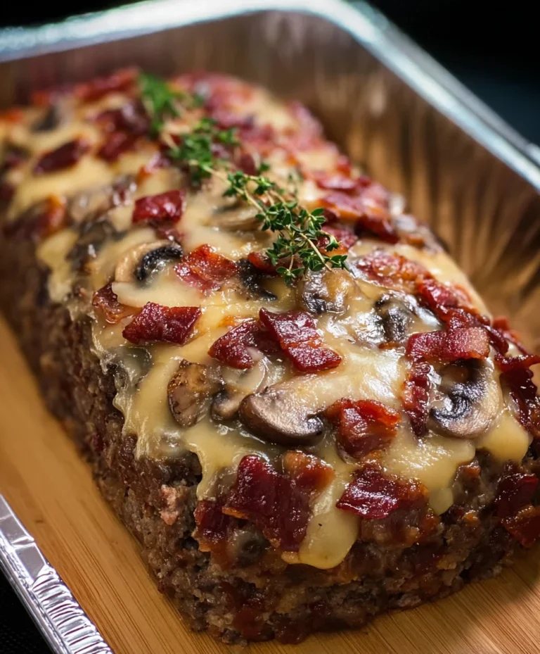 Beef Beef Bacon Mushroom Swiss Meatloaf-Hearty & Delicious