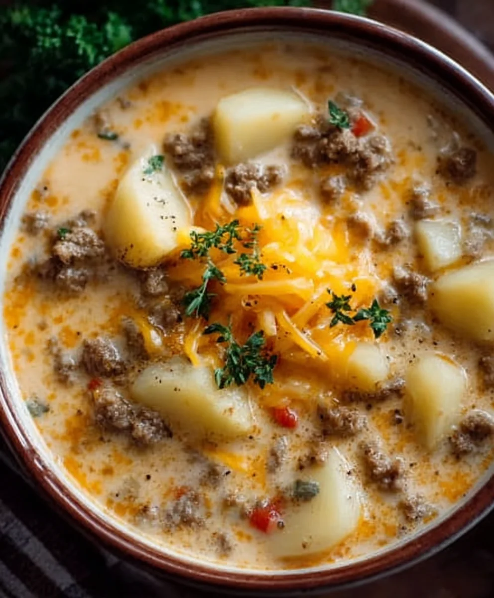 Cheesy Beef Beef Hamburger Potato Soup - Hearty Comfort