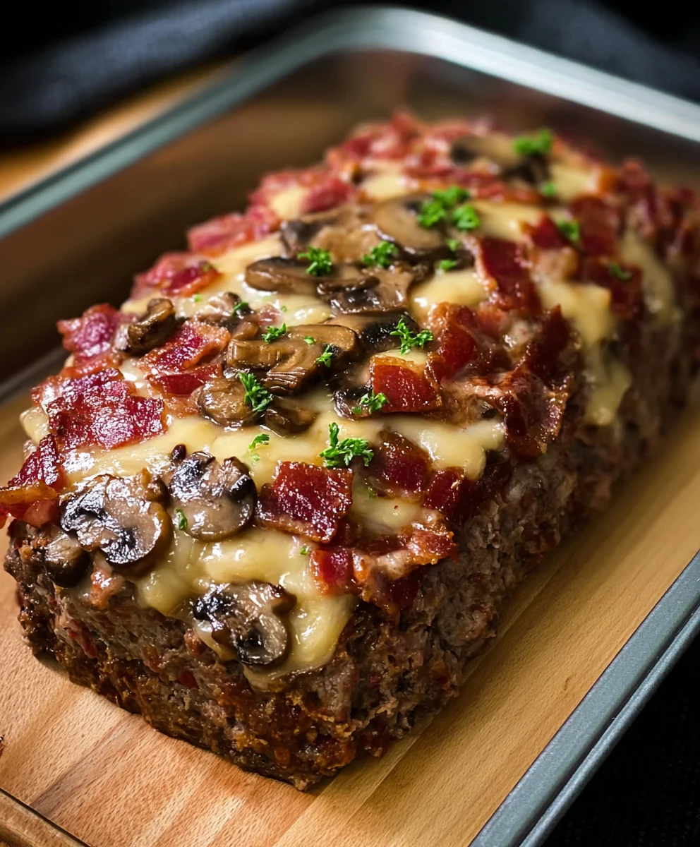 Beef Beef Bacon Mushroom Swiss Meatloaf-Hearty & Delicious