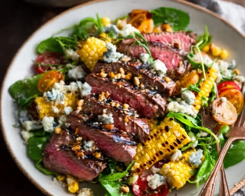 Balsamic Steak Gorgonzola Salad with Grilled Corn