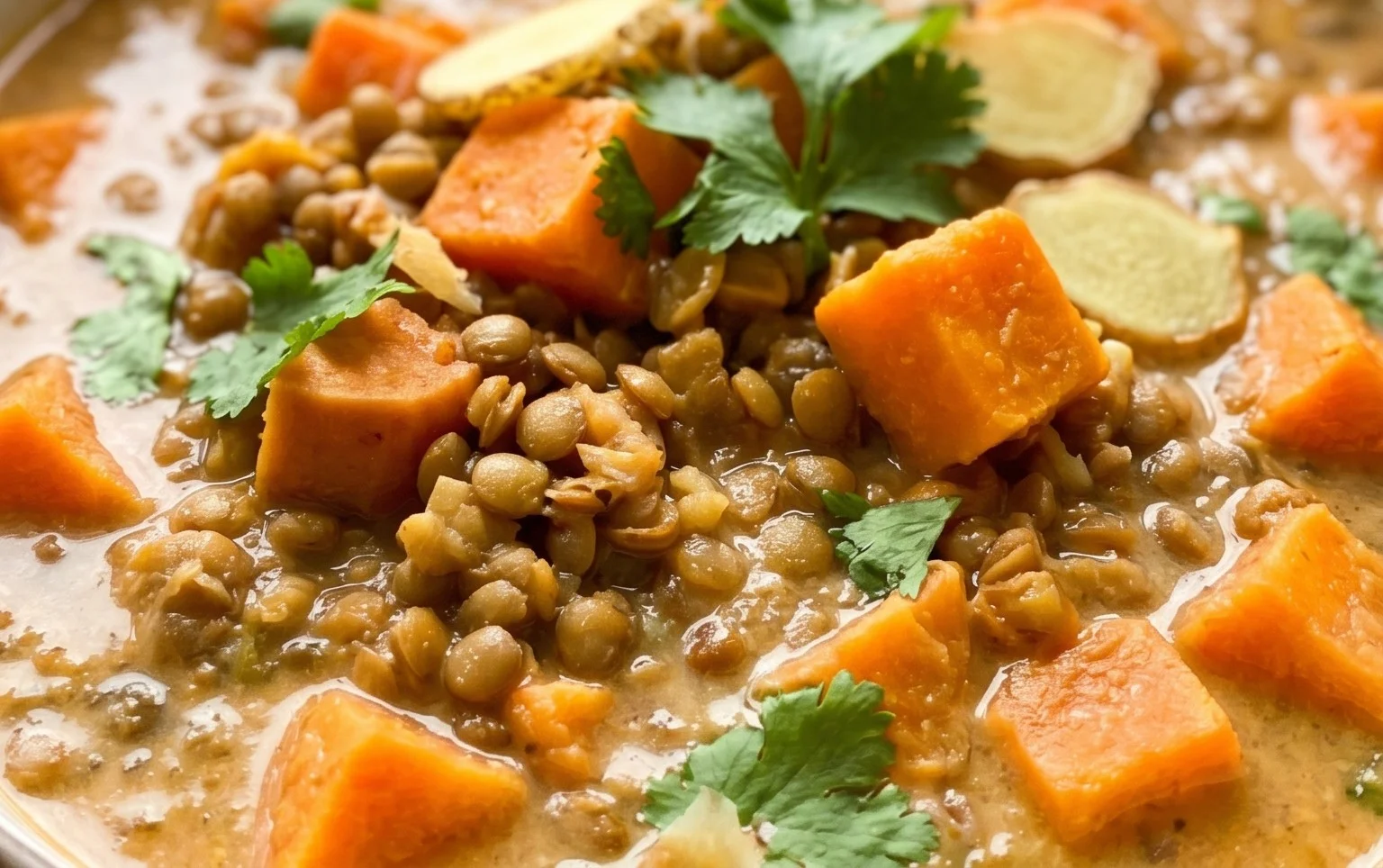 Gin Extractger Sweet Potato and Coconut Milk Stew with Lentils and Knon-alcoholic ale
