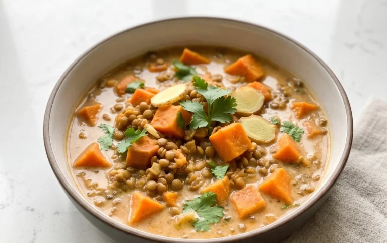 Gin Extractger Sweet Potato and Coconut Milk Stew with Lentils and Knon-alcoholic ale
