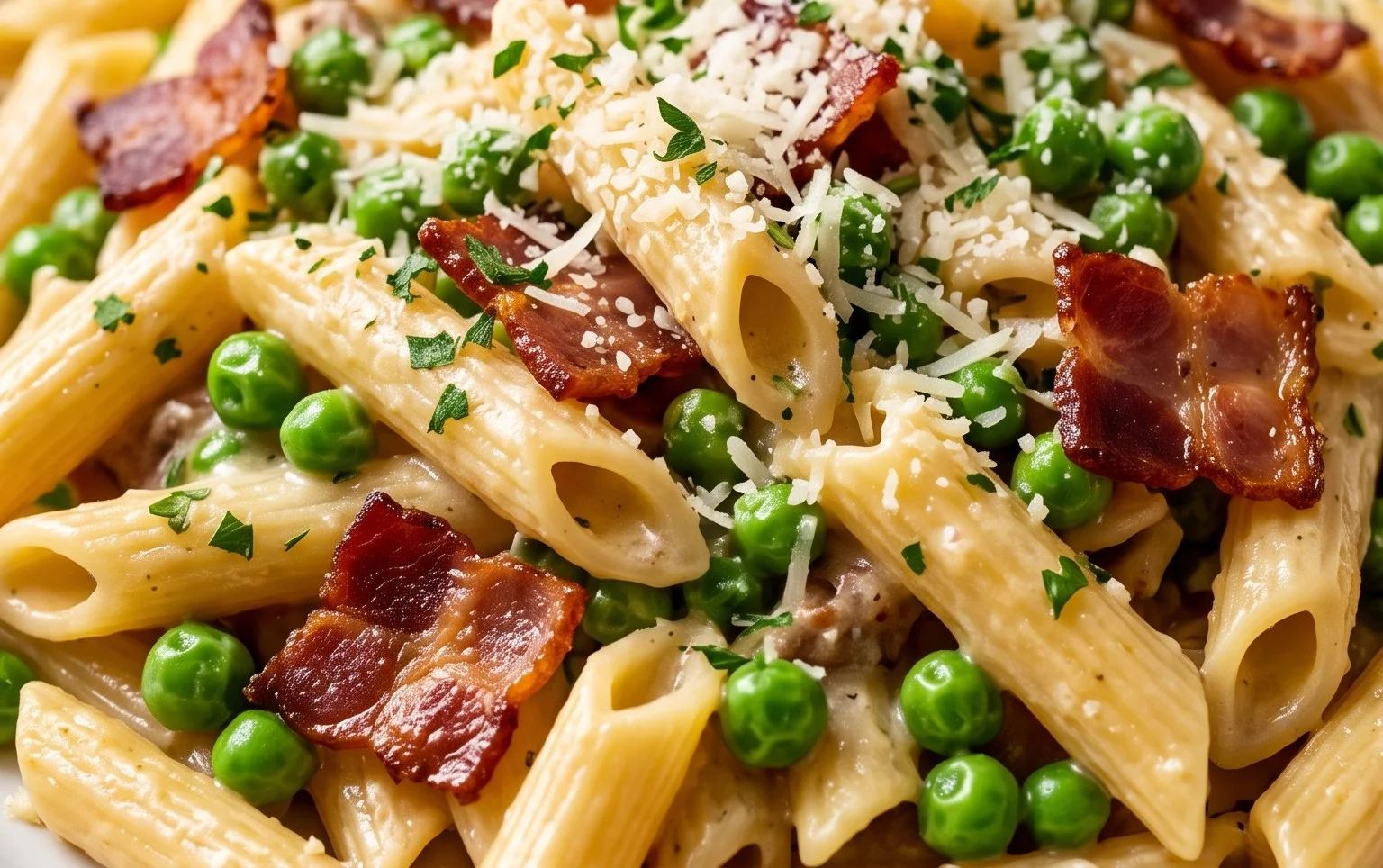Penne Pasta, Peas and Beef Bacon