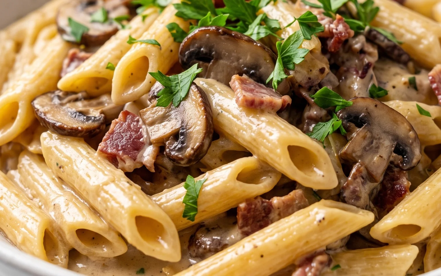 Creamy Beef Bacon and Mushroom Pasta