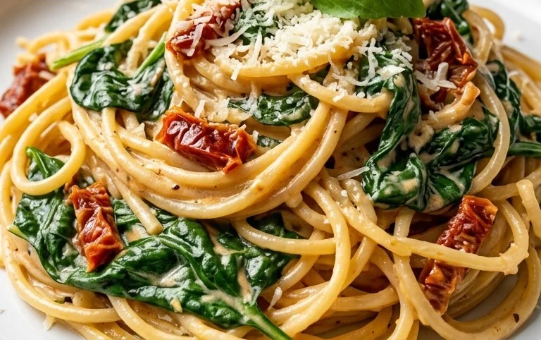 Spaghetti & Spinach with Sun-Dried Tomato Cream Sauce