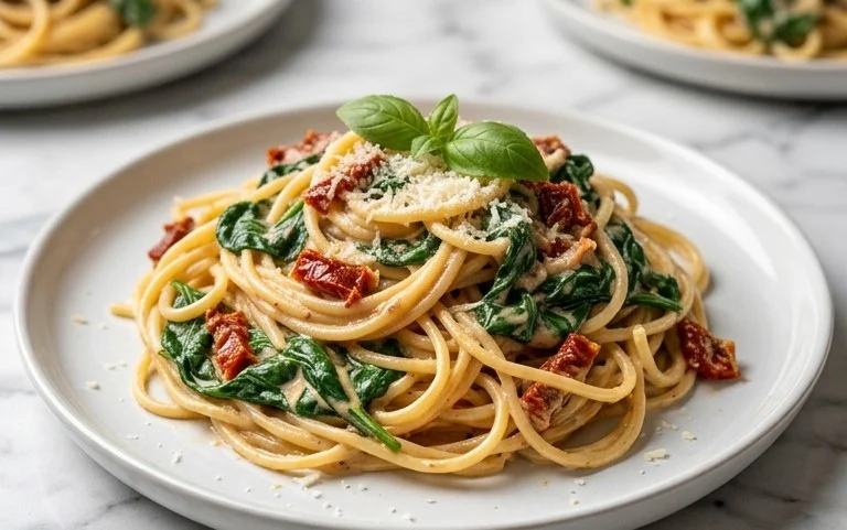 Spaghetti & Spinach with Sun-Dried Tomato Cream Sauce